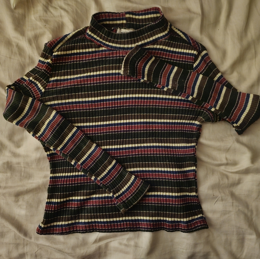 Multicolored earth-toned striped and Ribbed long sleeve